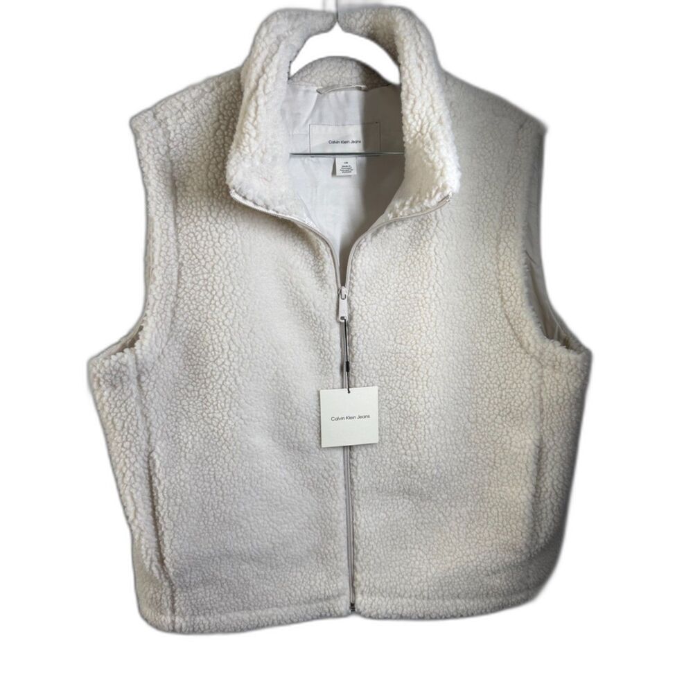 Calvin Klein Jeans Women L Sherpa Fleece Vest Chalk White Full Zip Teddy